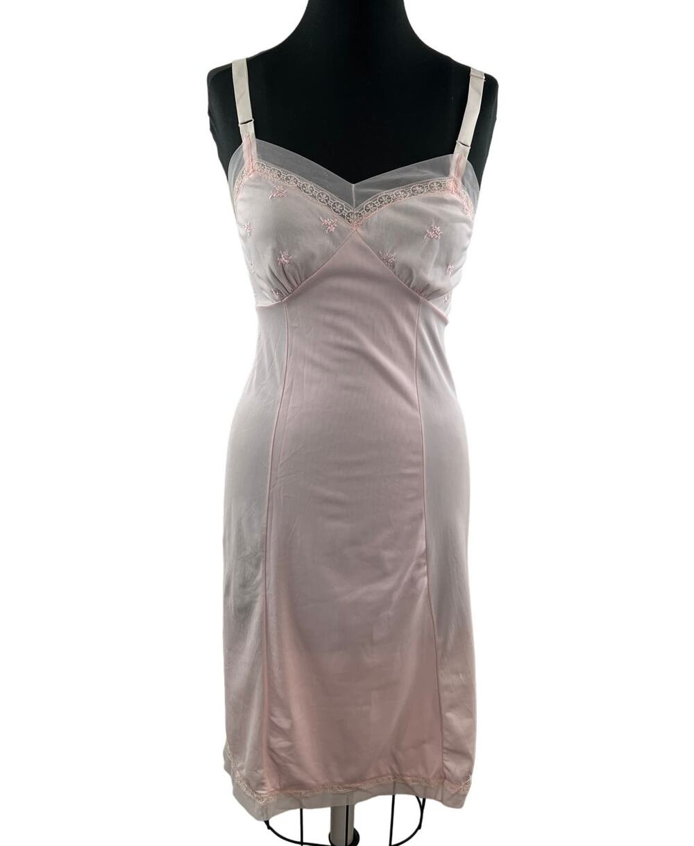 VINTAGE Pink Slip Dress Strap Ribbed V-Neck Embroidered Floral Lace Knit Size 34